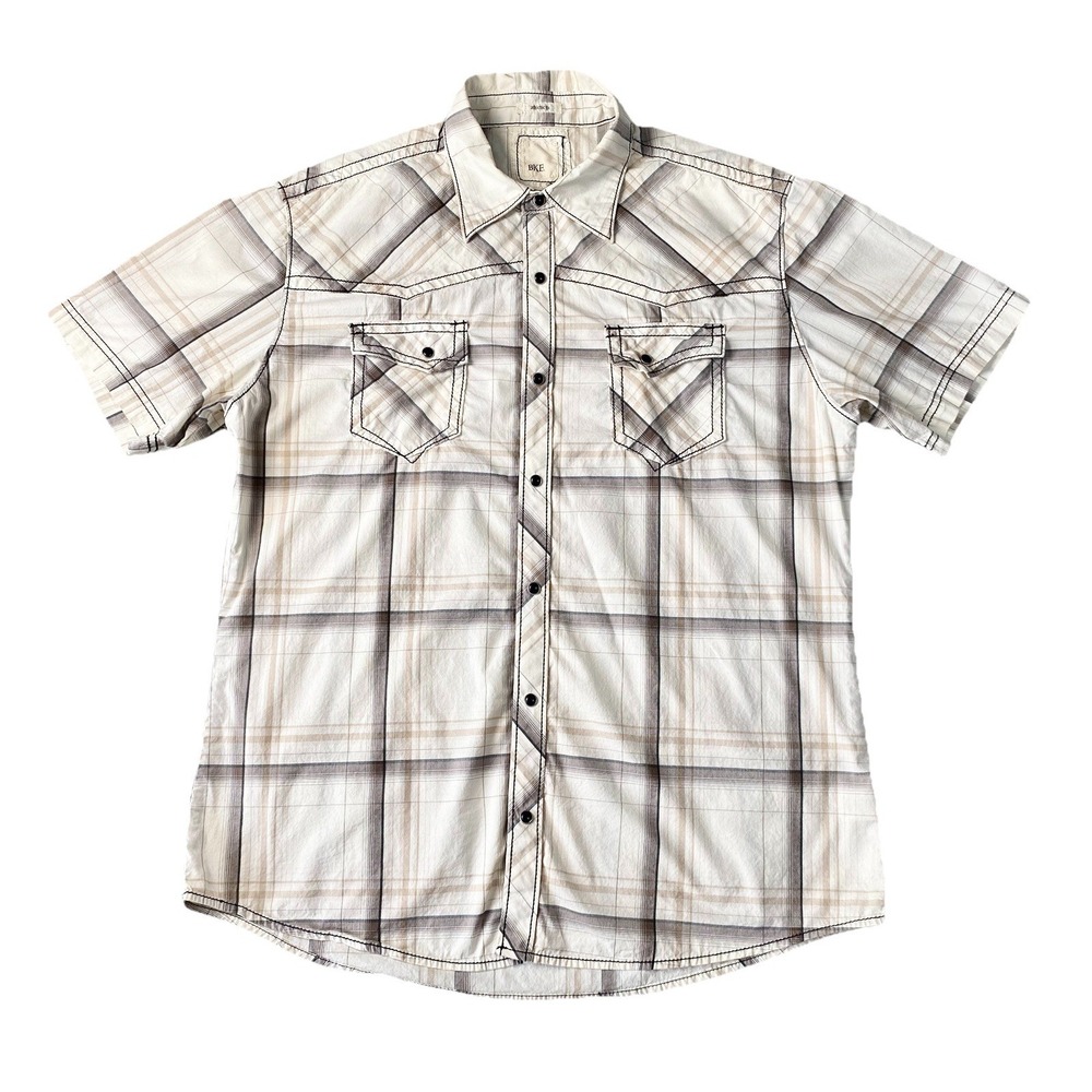 Buckle BKE Shirt Mens XL Beige Plaid Athletic Fit Short Sleeve Pearl Snap- READ